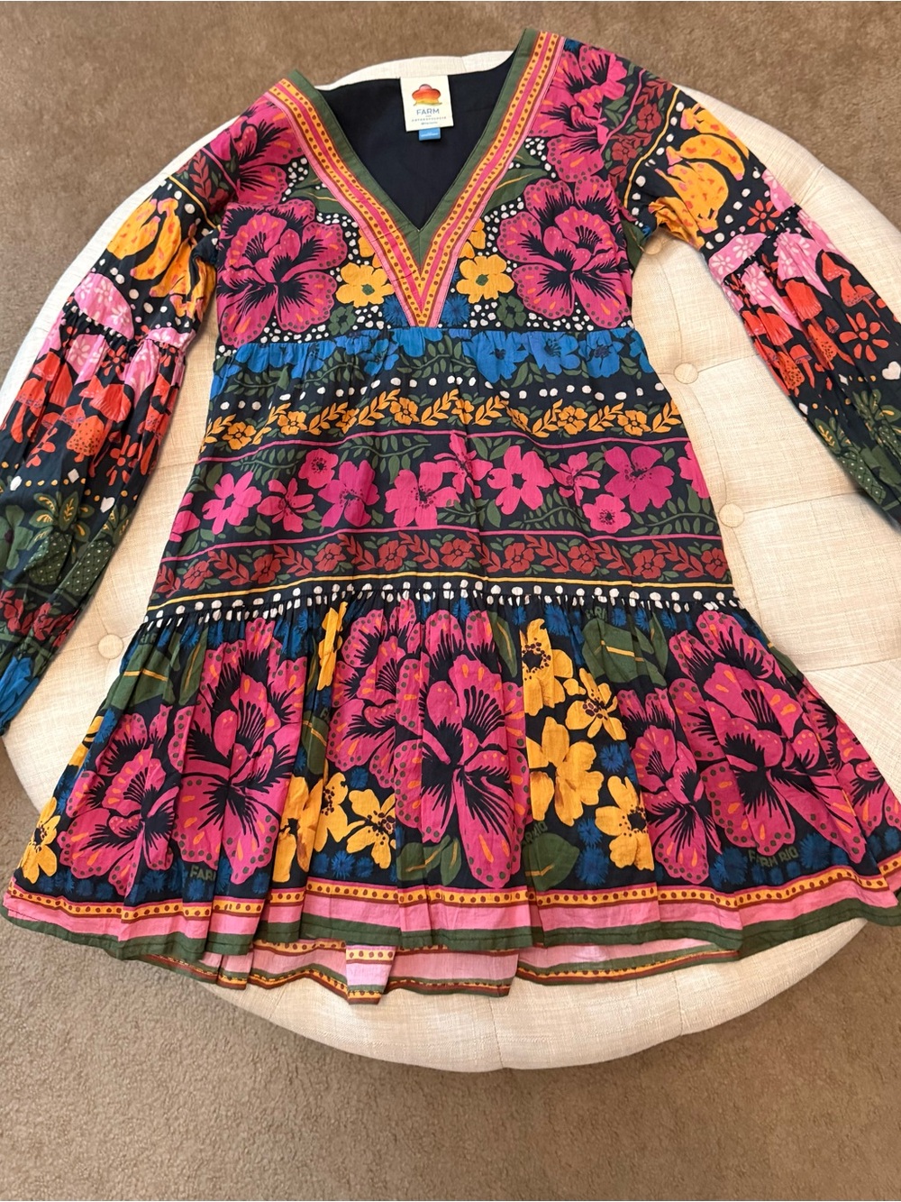 FARM Rio Multicolor Floral V-Neck Dress - Pink, Yellow, Blue, Green
